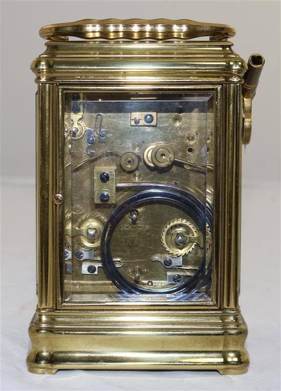 A Drocourt & Cie hour repeating brass alarum quarter repeating carriage clock, 5.75in.